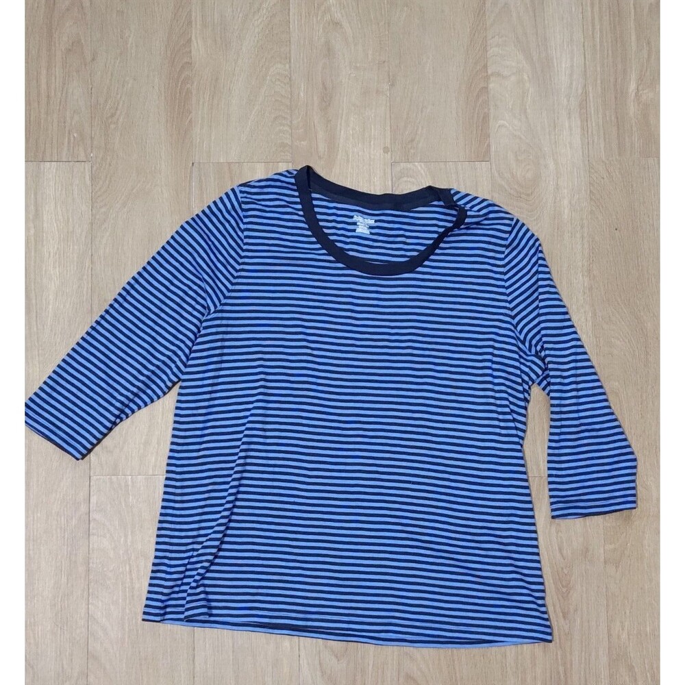 St John's Bay Womens Blue Stripe Size 1XL Long Sleeve Tee Blue V-neck  Cotton